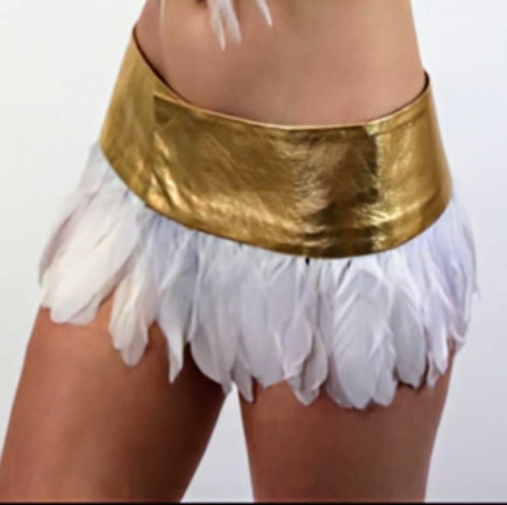 Love Khaos • White Feathers Gold Leather Micro Mini Skirt | Burning Man